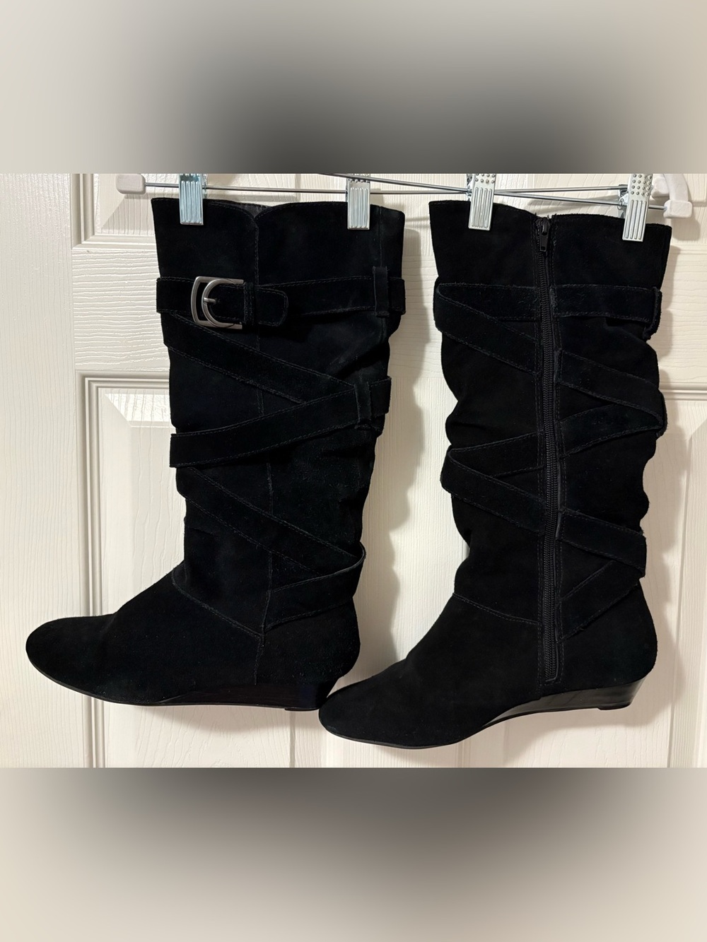White Mountain Black Suede Mid-Calf Wrap Strap Wedge Boots